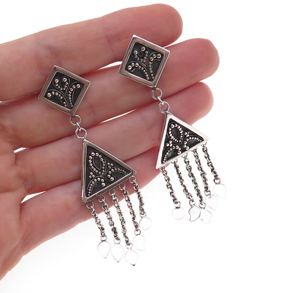 Suarti Bali Sterling Silver Vintage Granulated Scroll Oxidized Dangle Earrings